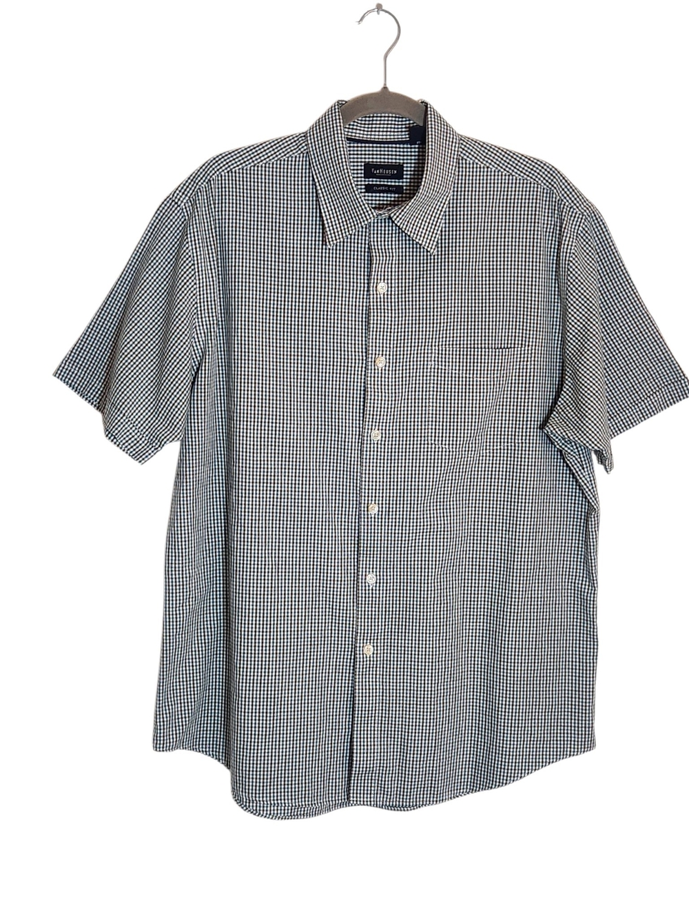 Van Heusen Blue and Brown Plaid Short Sleeve Button Down Shirt Size Large